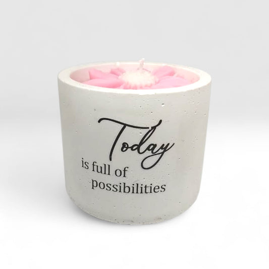Luxury hand-poured soy wax candle in a handcrafted vessel with uplifting message